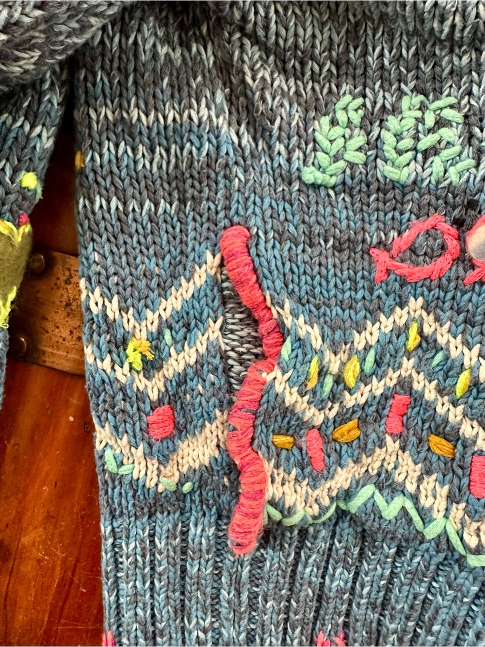 Anthropologie size medium Blue Knit Zip Hoodie with Multicolor Sea themed stitch - Picture 6 of 11